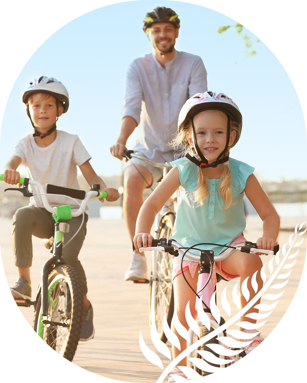 Kiwi family on bikes — the local Costa Cod